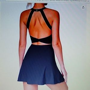 Heathyoga black tennis workout dress cut out built-in shorts bra pockets…MED NEW